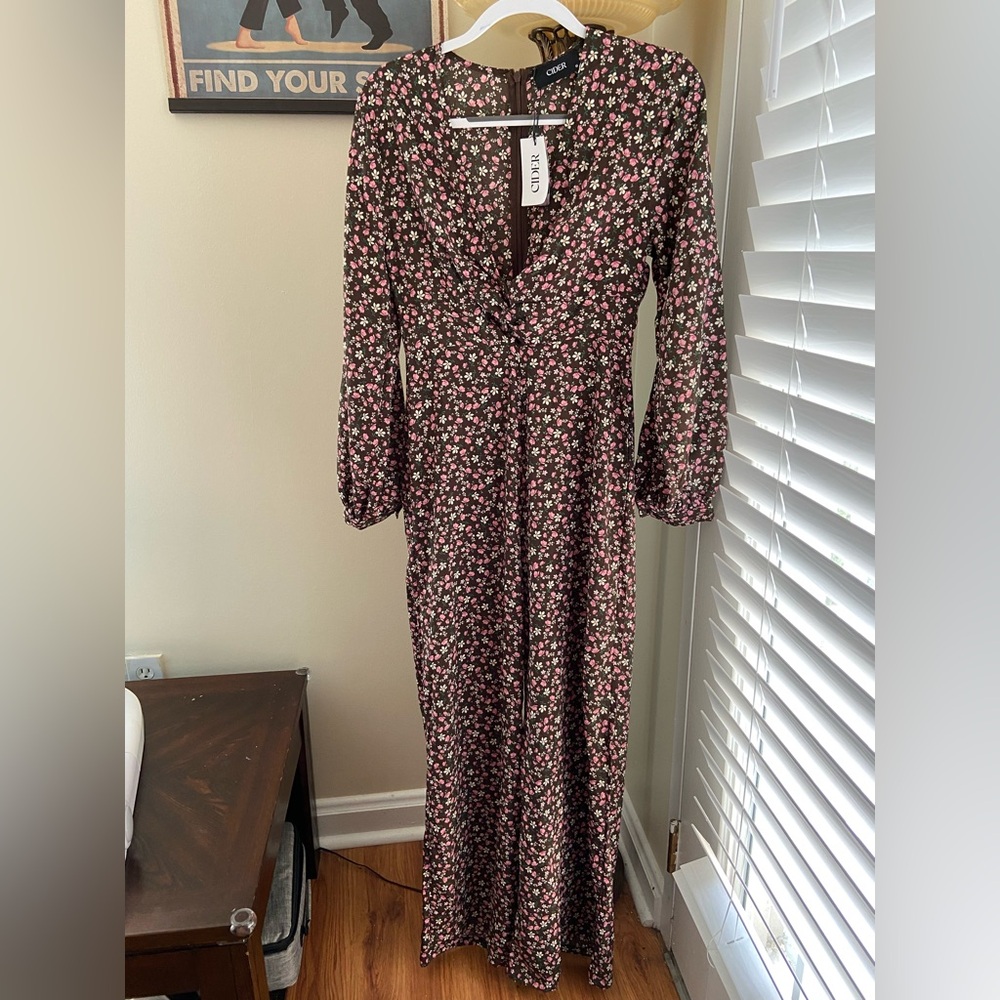 Cider Long Sleeve Floral Jumpsuit - Brown and Pink
